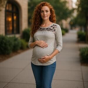 Love Delirious Womens Tunic Size M Beige Tan Black Embroidered Maternity Sweater